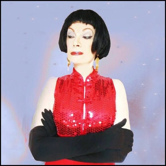 Vintage Red Satin Cheongsam Gown Empire Waist, 40s 50s Style by ZumZum -80s - Picture 7 of 15